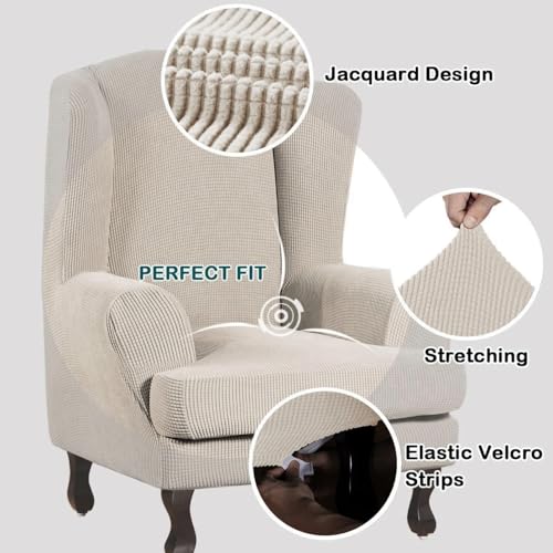 Image of Turquoize Wingback Chair Covers 2 Piece Wing Chair Slipcover Stretch Slipcovers for Wingback Chairs Wing Chair Cover Spandex Jacquard Fabric with Elastic Bottom Non-Slip Furniture Cover, Island Fossi