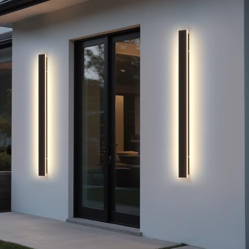 Image of Modern Outdoor Wall Light, 31.5Inch 3000K-6000K Black LED Dimmable IP65 Waterproof with Remote Outdoor Linear Wall Sconces Exterior Lighting Fixture Porch Wall Light for House, Front Door