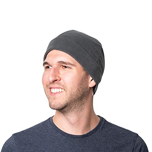 isotoner Men's Water Repellent Recycled Fleece Cold Weather Lined Beanie Hat, Dark Charcoal Heather, One Size
