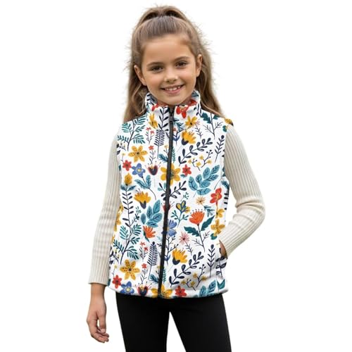 Wdktrgetd Girl Vests White 3T,Floral Print Featuring Loose Sleeveless Lightweight Lapel Machine Washable Suitable for Banquet Party Casual Fall Winter With Pockets Full Zip Fashion