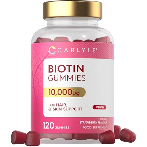 15% off - Biotin Gummies Hair Growth 10,000mcg | 120 Count | High Strength Supplement for Hair and Skin Support | Strawberry Flavour | Vegan | by Carlyle