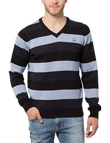 James Tyler Jersey de hombre, con cuello redondo, botones y parches en contraste en los codos, Azul/Negro, XL