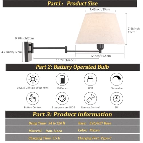 Image of Shenmoyl Battery Operated Wall Sconces Set of 2, Swing Arm Adjustable Wall Lamp 5000 mAh Rechargeable Bulb with 12 RGB Colors Dimmable Wall Sconce for Living Room Bedroom