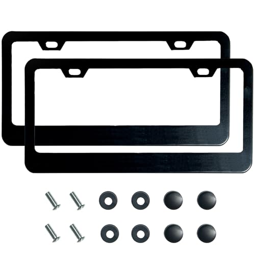 2PCS Matte Black License Plate Frames, 2 Holes Solid Rust-Proof Stainless Steel License Plate Holder, Lengnoyp Universal Car License Plate Cover for Women and Man with Screws Accessories