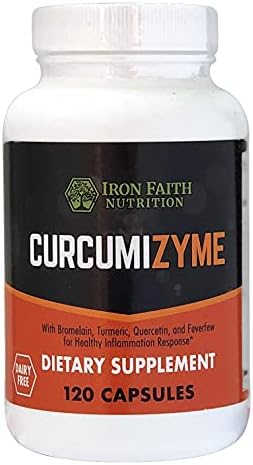 Iron Faith Nutrition Curcumizyme Joint Relief & Healthy Inflammation Support - Bromelain 500mg /Turmeric 300 mg/Quercetin/Feverfew/Dairy Free / 120 Capsule