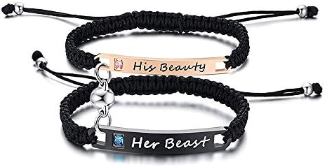 XUANPAI Engraved Her Beast&His Beauty Handmade Matching Couples Rope Braided ID Bracelets Set Anniversary Personalized Gift for Him and Her