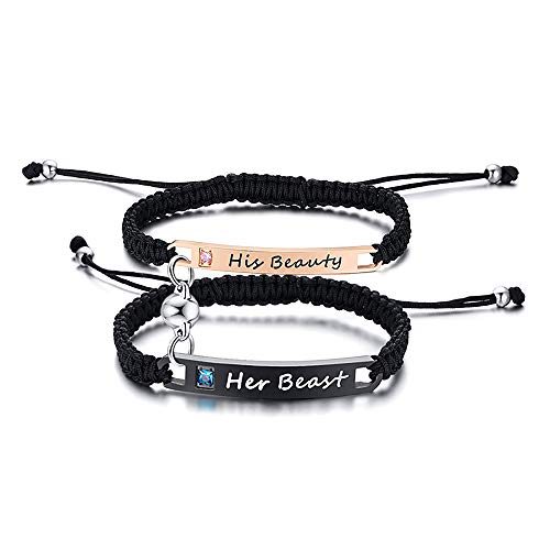 Xuanpai Engraved Her Beast&His Beauty Handmade Matching Couples Rope Braided Id Bracelets Set Anniversary Personalized Gift For Him And Her #TOP12