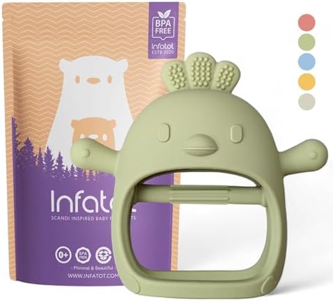 Teething Toys for Baby Gifts – Chicken Silicone Mitten Teether, Soothing Glove for Infants, Baby Toys 0-6 Months, Soft Chewable Teether Toy to Prevent Finger Sucking, Olive