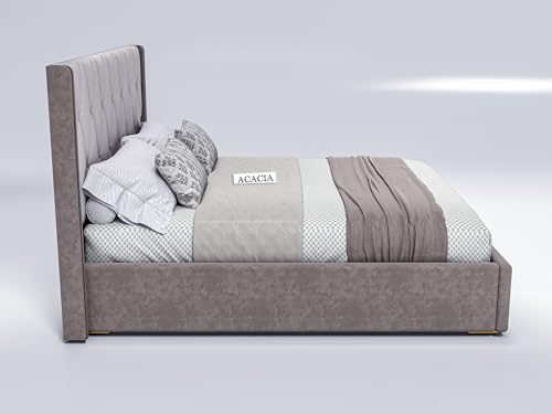 Image of Acacia Modern Upholstered Queen Size Bed with Hydraulic Storage for Bedroom | Wooden Double Beds for Home & Hotels | Platform Cot Bed with Upholstery Fabric, 6.5 x 5 Ft, Sheesham Wood, White-Brown