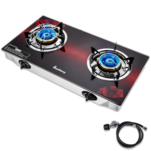 Gas Stove 2 Burner Propane Stove Two Burner Portable Gas Cooktop, Tempered Glass Auto Ignition LPG Cooker, Suitable for Outdoor/Camping/RVs(RED)