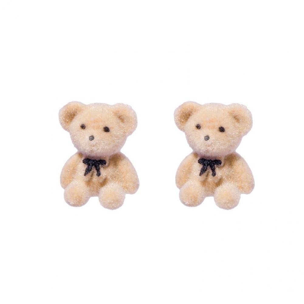 Wudaizhi Women's Khaki Korean Kawaii Funny Plush Small Stud Earrings Cute Bow Bear Statement Dainty Earring Fashion Jewelry
