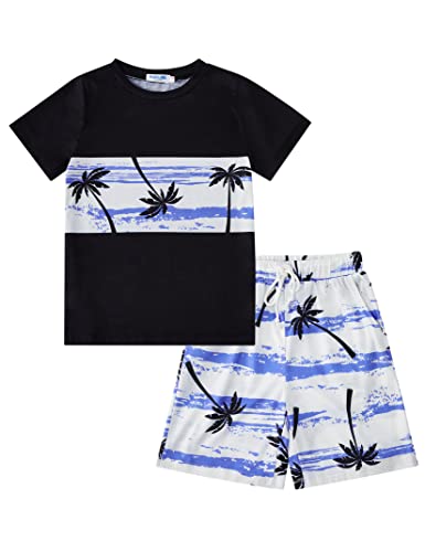 Image of GERU Boy Shorts Sets Hawaiian Outfit Kid Leaves Floral Short Sleeve Shirt Top+shorts Suits