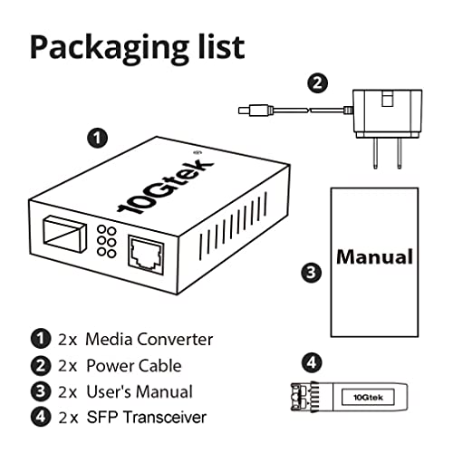 Image of 10Gtek Gigabit Ethernet Media Converter, SingleMode Dual LC Fiber to Ethernet RJ45 Converter for 10 /100 /1000Base-Tx to 1000Base-LX, UL Certified, 1310-nm, up to 20-km, Pack of 2