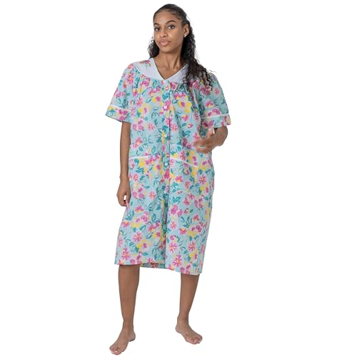 Image of Women's Short Sleeve Woven Snap-Front Closure Floral Embroidery Housecoat Duster Lounge Nightgown Robe with Front Pockets