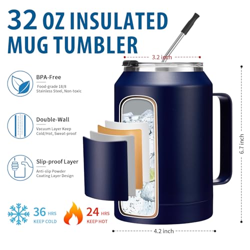 Image of 32 oz Mug Tumbler with Handle and Straw - Large Stainless Steel Coffee Cup with 2-in-1 Lid, Insulated Water Bottle Flask Jug, Metal Thermal Cup Keep Cold 36 hrs, Leakproof Proof BPA-Free