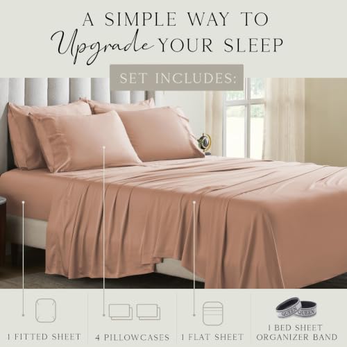 Image of KARISSA MAE 6 Piece Luxury Bamboo Viscose Queen Sheet Set, 4 Pillowcases | FSC Certified | Cooling | Ultra Soft | 18 inch Deep Pockets | Elastic Corner Straps | Includes Organizer Band [Terracotta]