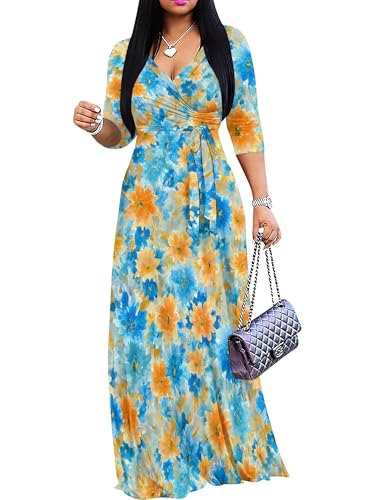 Image of Women's V Neck Floral Maxi Dress 3 /4 Sleeve Plus Size Boho Wrap Flowy Long Dresses with Belt
