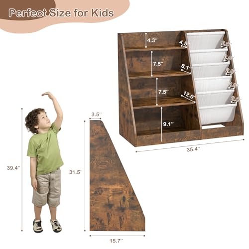 HedoAjim Kids Bookshelf for Bedroom Toddler Children Baby Bookcase 4-Tier for Nursery Book Toy Storage Organizer 5 Sling Book Display Shelf Book Rack Wood Classroom Playroom Rustic Brown - Image 4