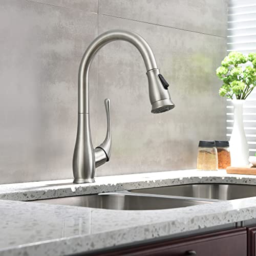 Peskoe Kitchen Faucet With Pull Down Sprayer Brushed Nickel High Arc Single Handle Stainless Steel Kitchen Sink Faucets Modern Dual Function 360 Degree Swivel #TOP7