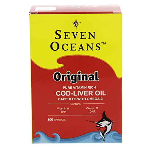 Seven Oceans Original Pure Vitamin Rich Norwegian Cod-Liver Oil Capsules with Omega-3 100 Capsules