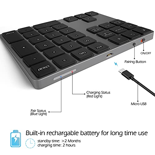 image for Foloda Bluetooth Numeric Keypad, Aluminum Rechargeable 34-Keys Wireles