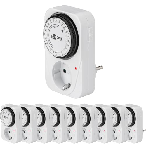 Goobay 64896 Zeitschaltuhr Steckdose - Analoge Zeitschaltuhr Innen - Schaltuhr Steckdosen - 15 Minuten Takt einstellbar - Kontroll LED - Dauerbetrieb möglich - 10er Set, Klein