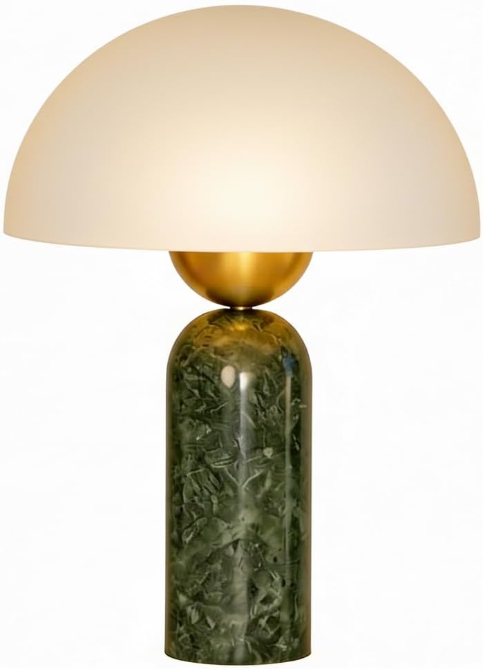 Natural Stone Table Lamp, Mid-Century Modern Dome Mushroom Lamp with GreenTravertine Base and Frosted Glass Shade, Minimalist Bedside Nightstand Light for Bedroom, Living Room 14.5" Height