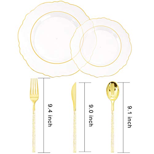 Liacere 150Pcs Clear Gold Plastic Plates & Disposable Gold Plastic Silverware With Glitter Bamboo Handle Cutlery-Baroque Clear Gold Disposable Plates For Wedding & Party #TOP2