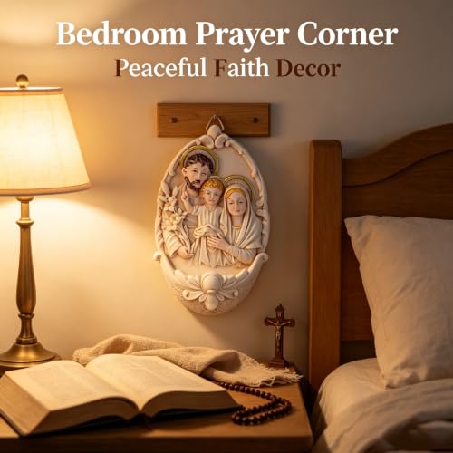 Image of KOMI Holy Family Resin Holy Water Font for Home Altar Wall Hanging Decor Catholic Gifts