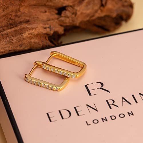 Cubic Zirconia Square Huggie Hoop Earrings for Women in 18k Yellow Gold or Rhodium Plated 925 Sterling Silver by Eden Raine