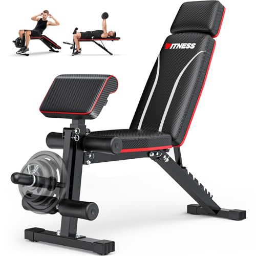 Adjustable Weight Bench, Foldable Workout Bench for Home Gym, Bench Press with Leg Extension & Preacher Pad, Extra Headrest, Incline Sit Up Strength Training Exercise Bench for Full Body 800LBS
