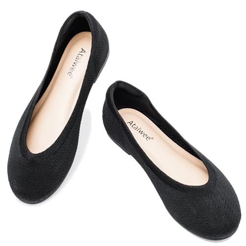 Ataiwee Women's Wide Width Flat Shoes, Casual Breathable Plus Size Round Toe Soft Sole Slip on Ballet Flats.(1910012-7,BK/02,6 Wide)2