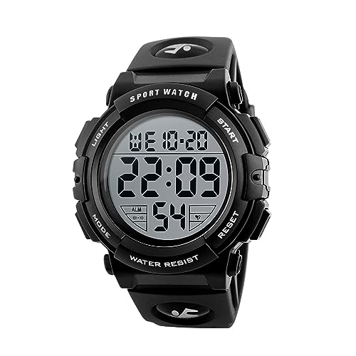 LIFEJXWEN Digitale Sportuhr für Herren, digitale Armbanduhr für Herren, 5 ATM wasserdicht, mit LED-Hintergrundbeleuchtung, Stoppuhr, Wecker und Timer, Schwarz , Armband