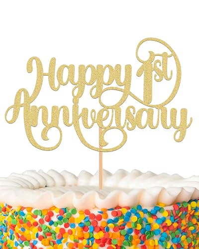 Happy 1st Anniversary Cake Topper - Glitter Golden First Wedding Anniversary Cake Decorations, Perfect for 1st Wedding Anniversary, First Birthday Party or Photo Booth Props