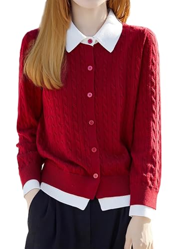 LAI MENG FIVE CATS Women's Knit Button Patchwork Sweater Casual Cable Knit Long Sleeve Fall Winter Outfits