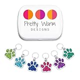 Cute Dog Cat Pet Paw Knitting Stitch Markers With Storage Case | Handmade by Pretty Warm Designs | Glitter Paws Metal Charms Knit Stitch Counter Ring Marker Set Fun Knitter Gift for Christmas