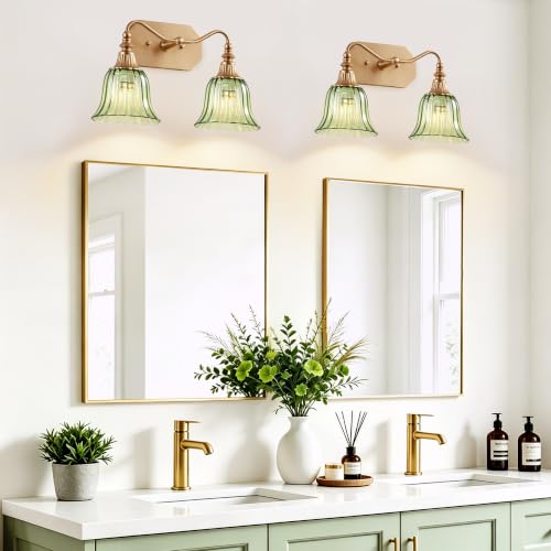 Image of LmnLvn Vintage Gold Bathroom Vanity Light, 2-Light Green Crystal Glass Shade