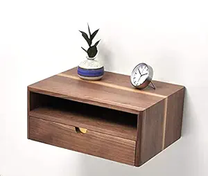 ODEJIA Solid Walnut Floating nightstand with Drawer and Shelf, mid Century Bedside Table, mid Century Modern End Table nightstand for Bedroom