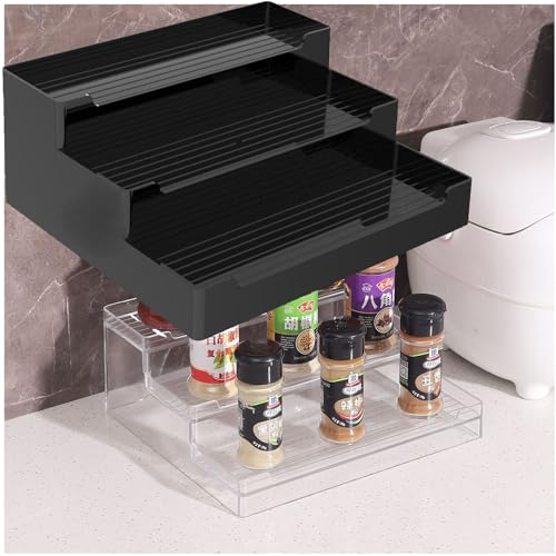 YRUISI Acryl Küche Gewürzregal Gewürzregal Step-Typ Layered Storage Rack 3 Stufen Acryl Display Ständer Gewürzprodukt Lagerregal für Gläser, Dosen und Gewürze (schwarz)