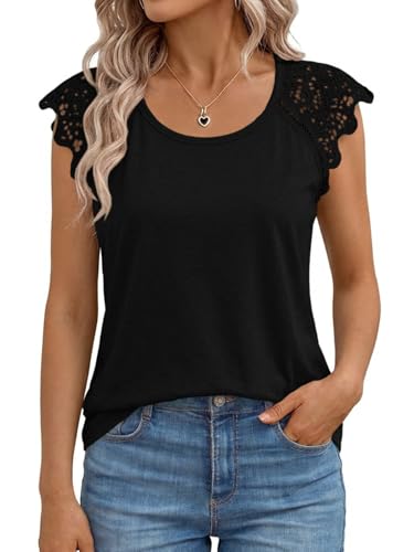Image of Cicy Bell Women's Shirts, Lace-Sleeve Blouses, Round-Neck T-Shirts, Elegant Tops, Tunic Tops, Black, XL