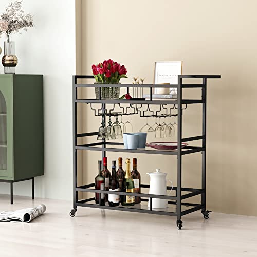 LORMITER Black Metal Bar Carts with 3 Tier Glass Shelves, Rolling Serving Bar Cart with Wine Rack and Glass Holder, Industrial Bar Carts & Wine Carts on Wheels for Kitchen, Indoor & Outdoor