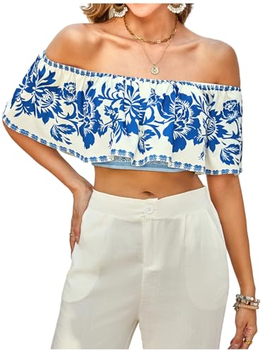 SweatyRocks Women's Boho Off The Shoulder Crop Tops Ruffle Floral