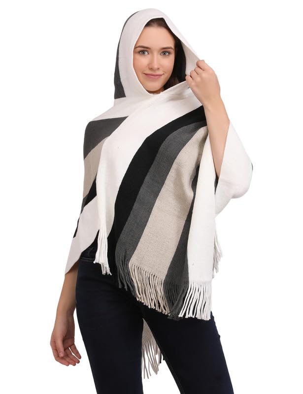 MANRA Women's Casual Hooded Cape Striped Woolen Poncho for Winter (SC 09 Cap/White/M)-picture-30
