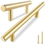 QOGRISUN 5-Pack Solid Brass Cabinet Pulls, Brushed Gold Drawer Handles 3 in