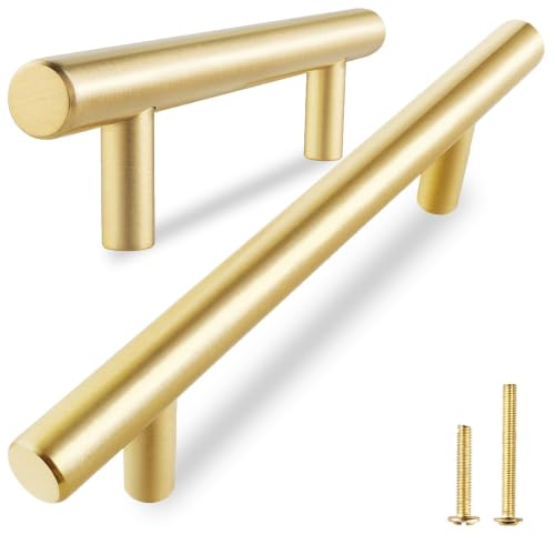 QOGRISUN 5-Pack Solid Brass Cabinet Pulls, Brushed Gold Drawer Handles 3 in
