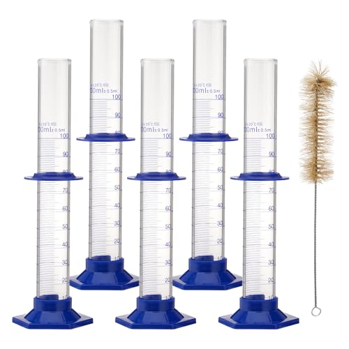 creahub 5 Pcs Graduated Cylinder 100ml Measuring Cylinder Borosilicate Glass Thick Glass Lab Cylinders with a Cleaning Brush Lab Glassware for Liquid Measuring