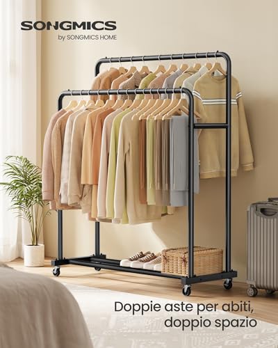SONGMICS Stand Appendiabiti con Ruote, Attaccapanni, 2 Ruote con Freno, Camera da Letto, Portata fino a 90 kg, 46,5 x 110 x 155,5 cm, Nero Inchiostro HSR017BH01 - Immagine 1