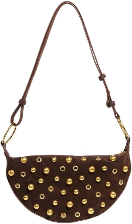 Studded Punk Rock Purse for Women, Gold Detail Suede Crossbody Bag, Trendy Y2K Style Genuine Leather Handbag