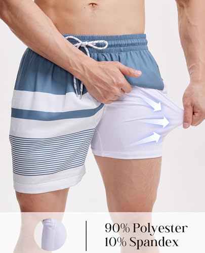 Image of Gleeease 5inch Mens Swim Trunks with Compression Liner Bathing Suit 2 in 1 Stretch Quick Dry Lined Funny Pockets Drawstring