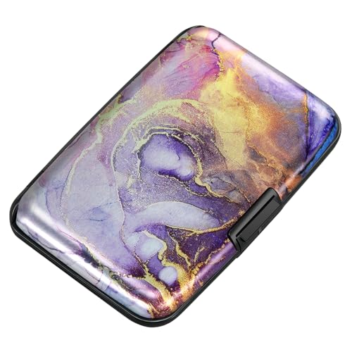 Image of ELFISH Mini RFID Aluminum Wallet Credit Cards Holder Business Card Case Metal ID Case for Men Women, Light Purple Marble, 4.33 x 2.95 x 0.73 inches, Compact